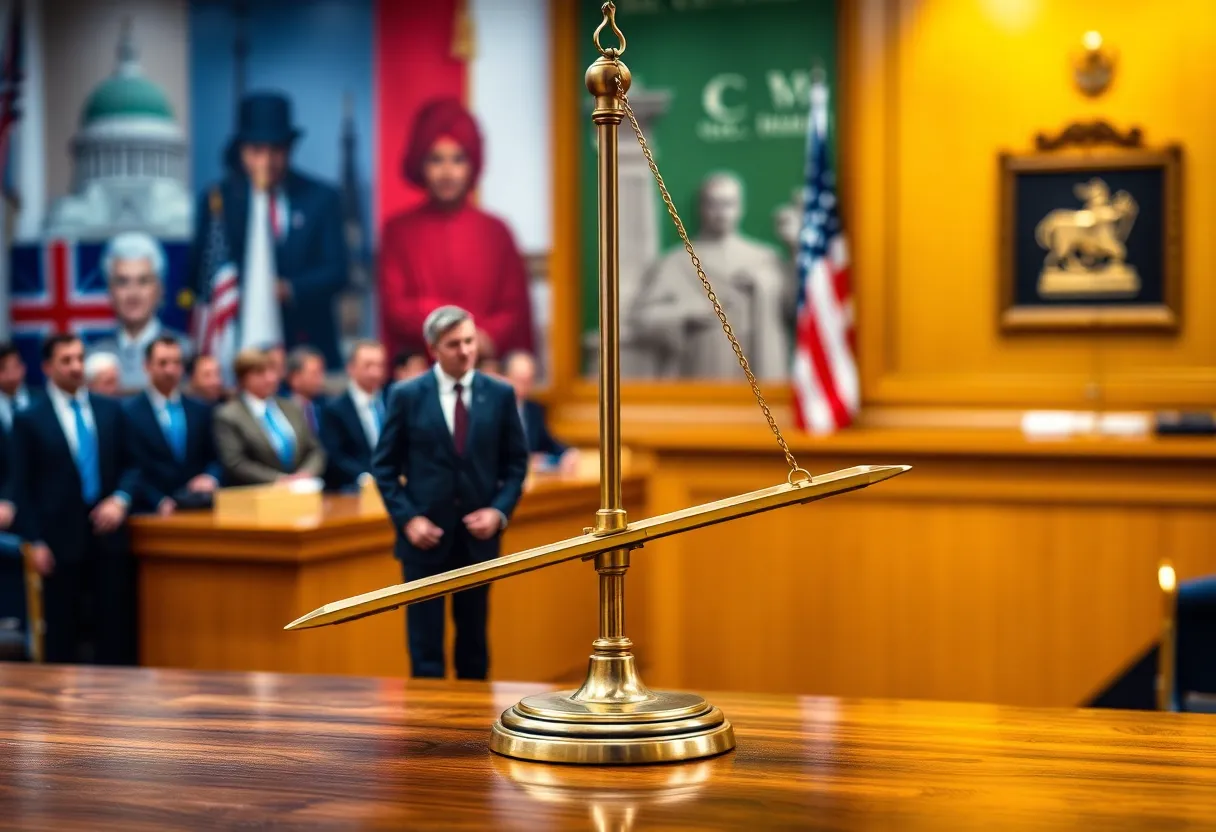 A courtroom with a balance scale and lawyers representing political influence in consumer protection.