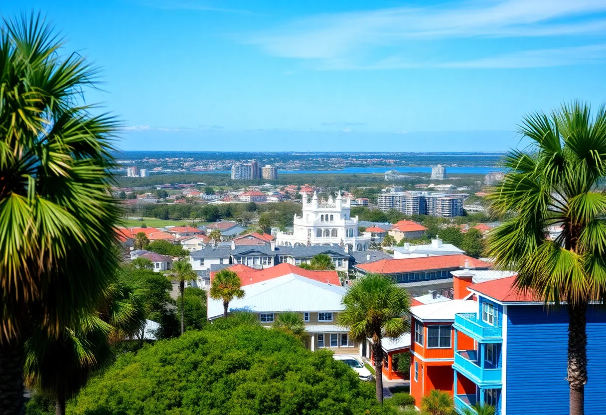 Scenic view of South Carolina's urban development with palm trees.