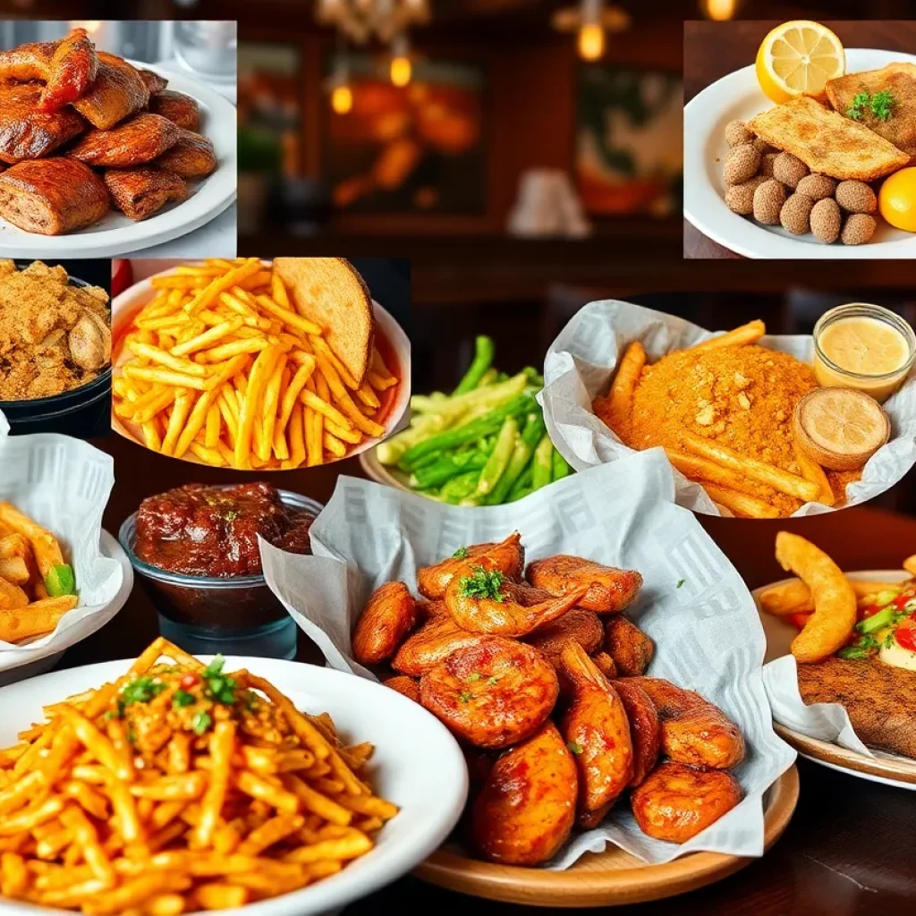 A variety of Southern dishes including barbecue and seafood showcased in a warm restaurant setting.