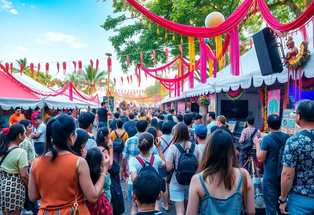 A lively scene from the Spoleto Festival with attendees enjoying various performances.