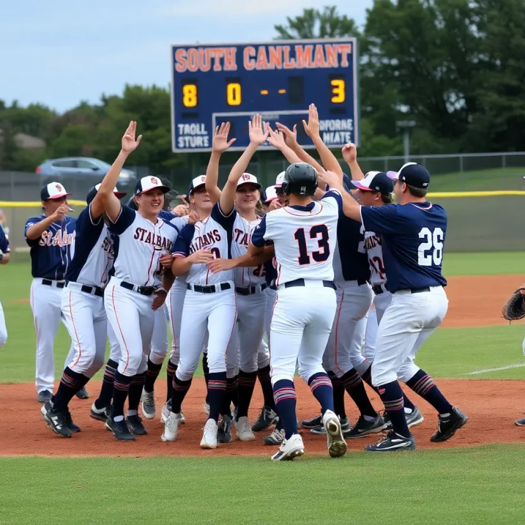 St. Albans baseball team celebrating after winning against South Charleston