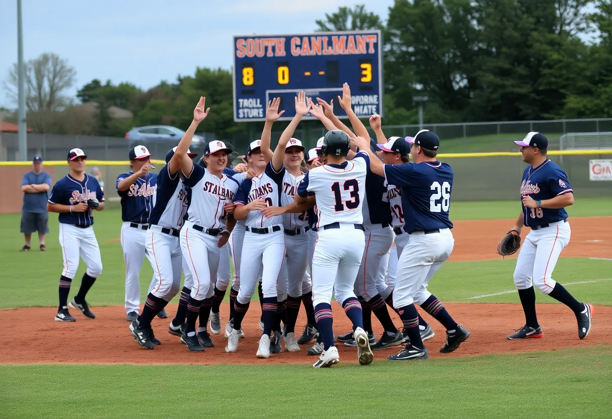 St. Albans baseball team celebrating after winning against South Charleston