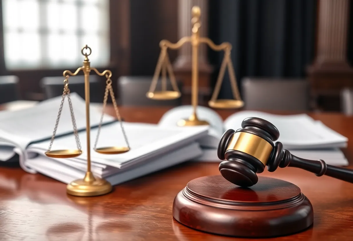 Courtroom with scales of justice representing civil RICO litigation