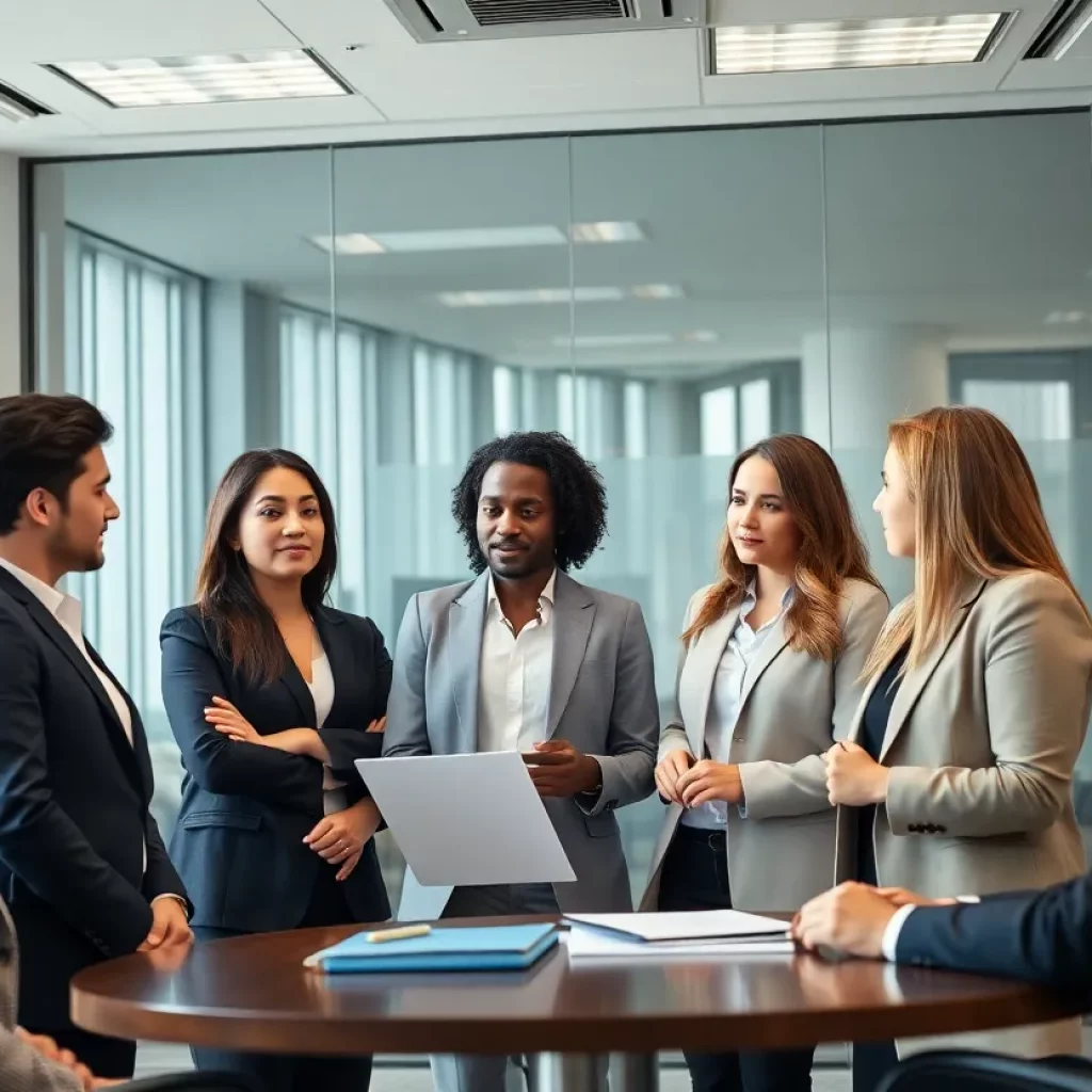 Team of lawyers in a modern law office discussing legal cases