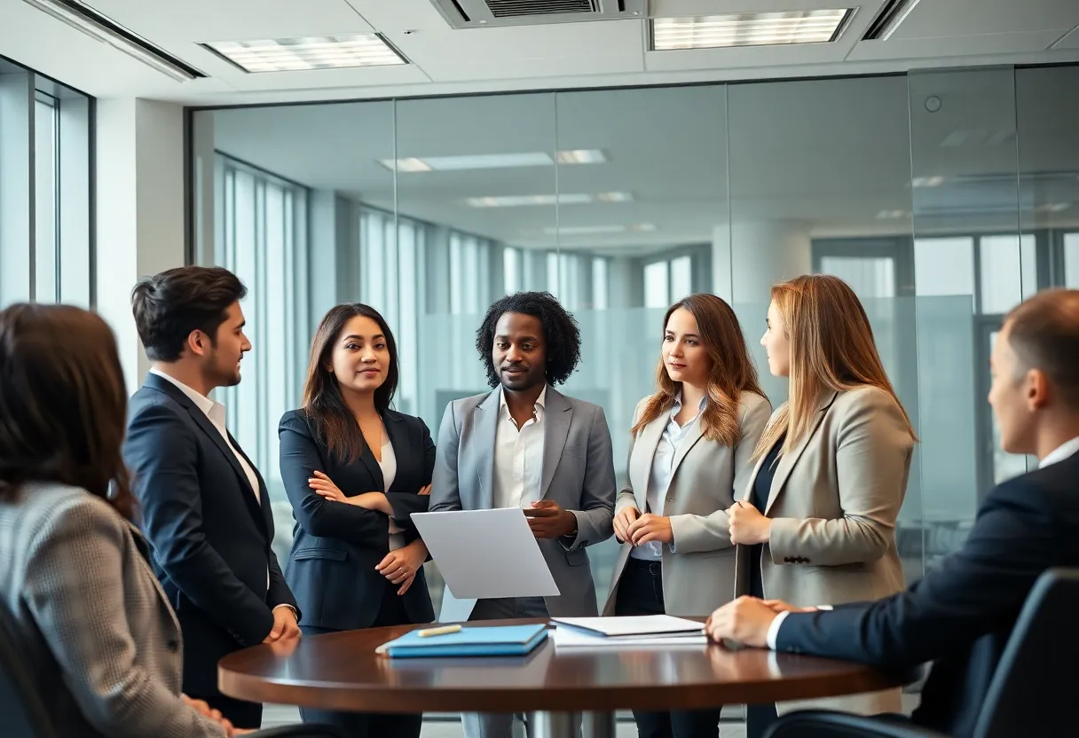 Team of lawyers in a modern law office discussing legal cases