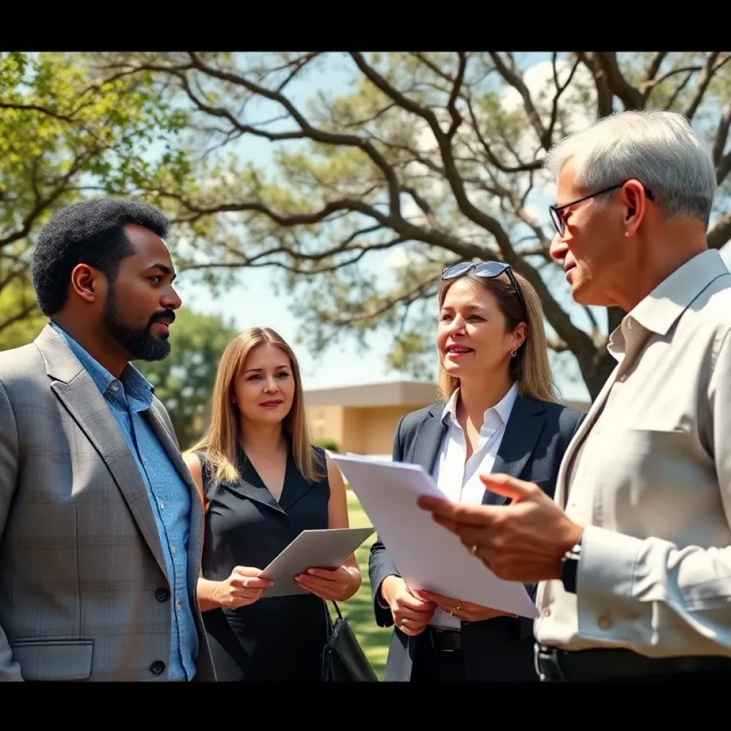 Group of Texas personal injury lawyers engaged in discussion under clear blue skies