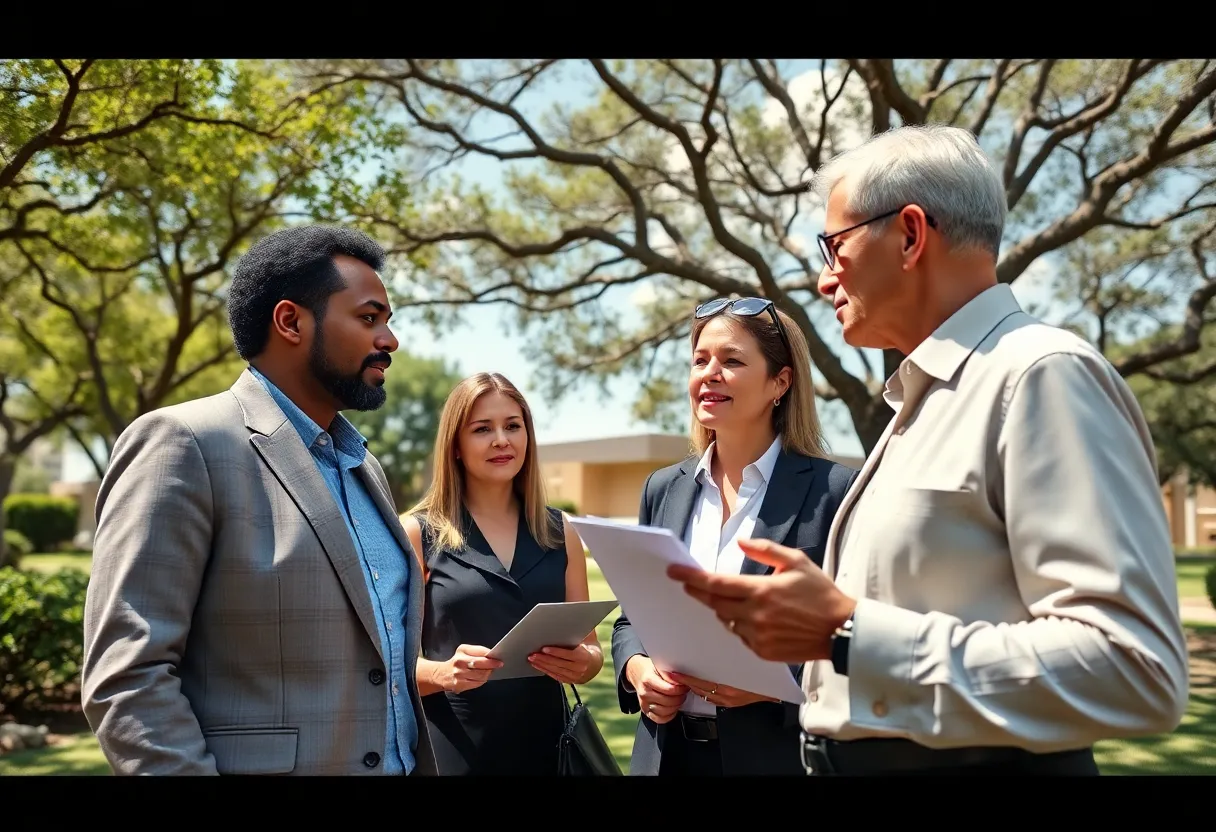 Group of Texas personal injury lawyers engaged in discussion under clear blue skies