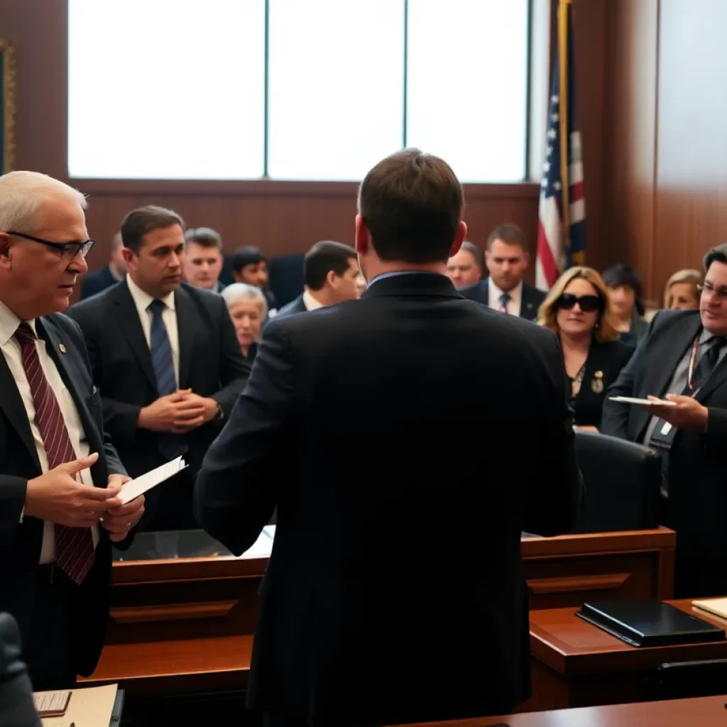 Dramatic courtroom scene with lawyers and agents