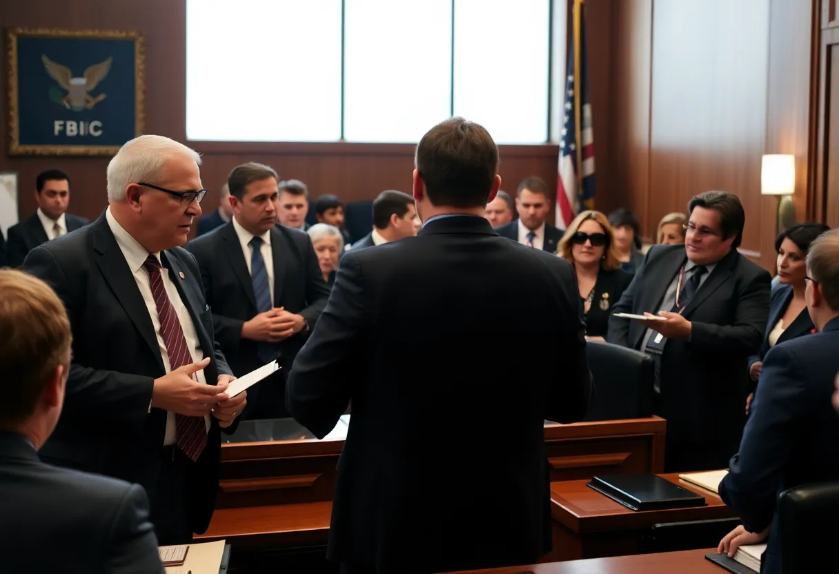 Dramatic courtroom scene with lawyers and agents