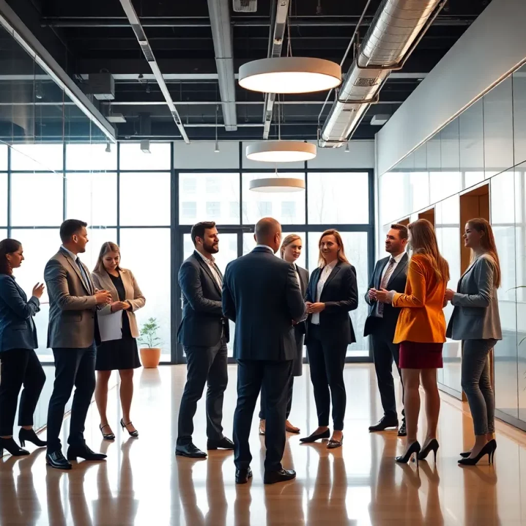 Law professionals in a modern office space collaborating