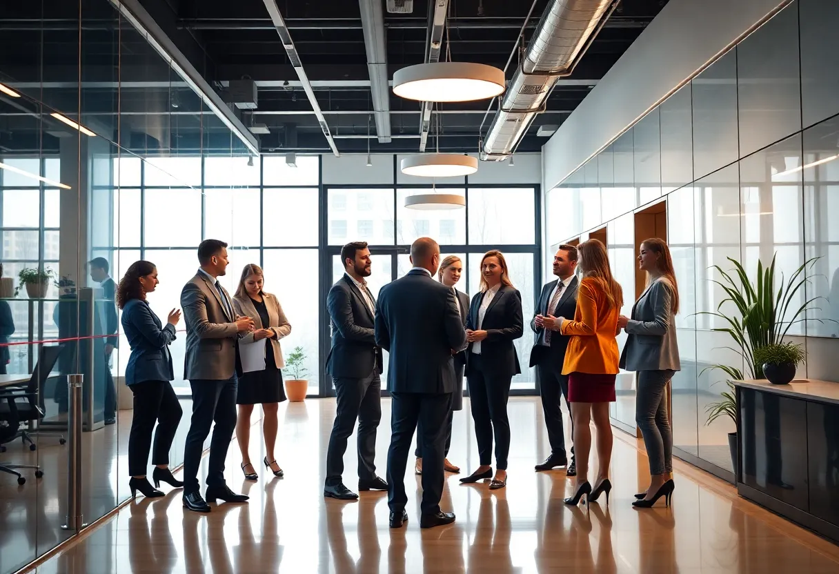 Law professionals in a modern office space collaborating