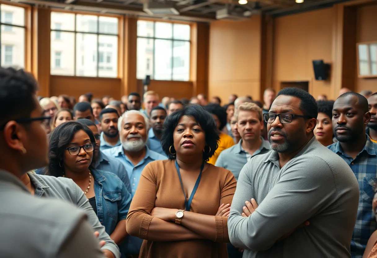 Citizens participating in a town hall meeting discussing tariffs