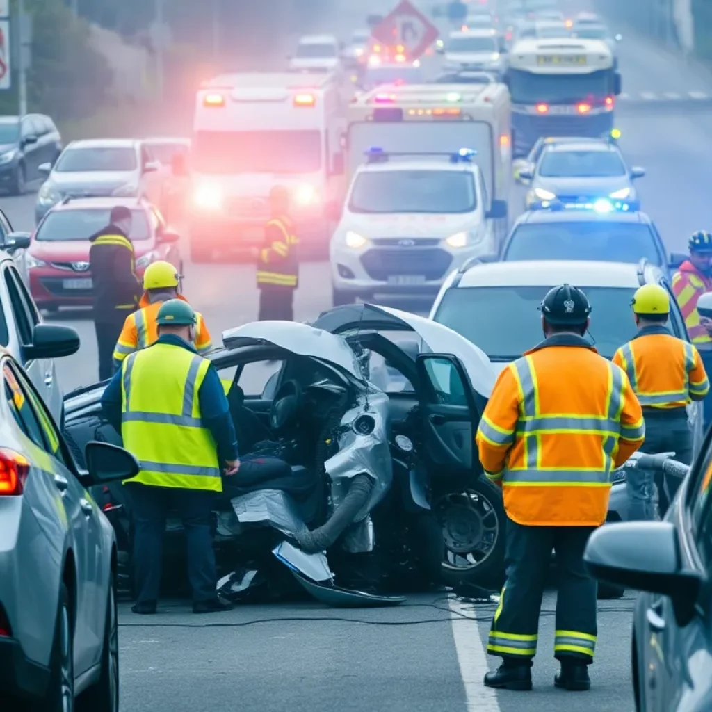 Scene of a traffic accident with emergency responders and damaged vehicles