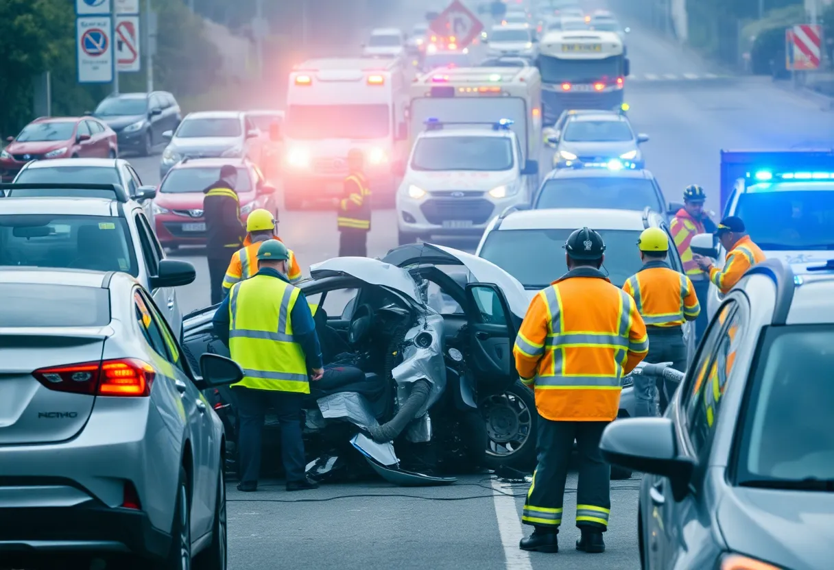 Scene of a traffic accident with emergency responders and damaged vehicles