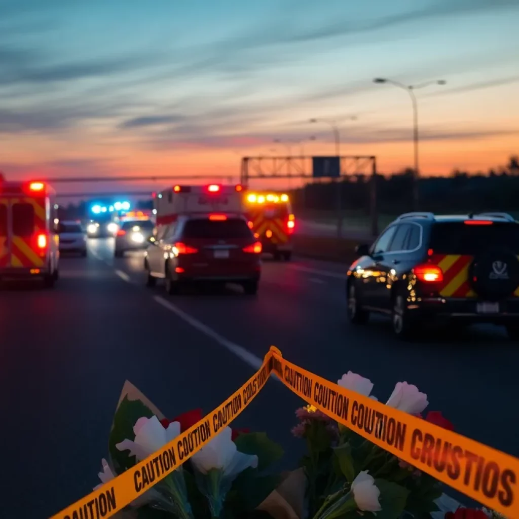 Highway accident scene with emergency vehicles and caution tape