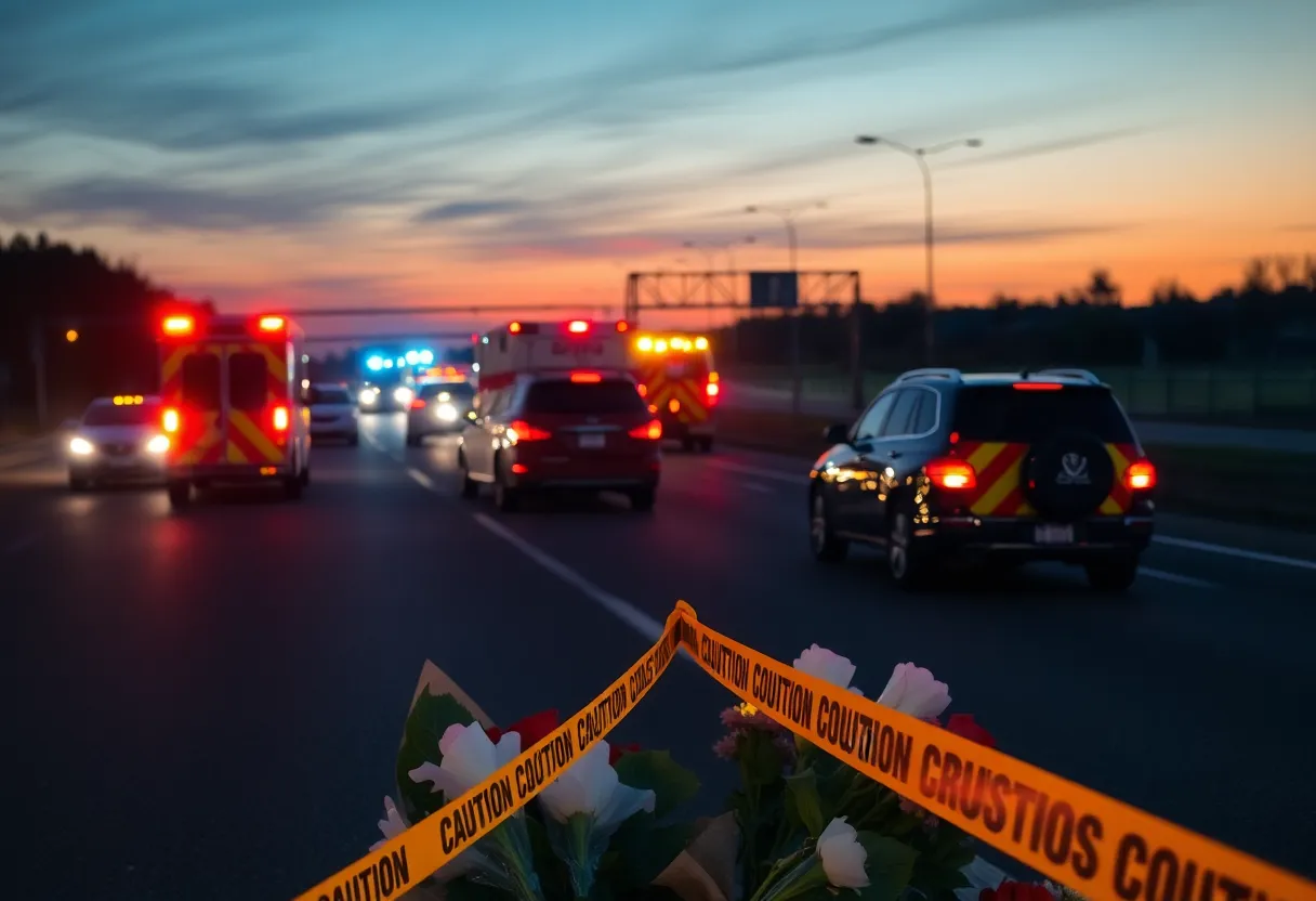 Highway accident scene with emergency vehicles and caution tape