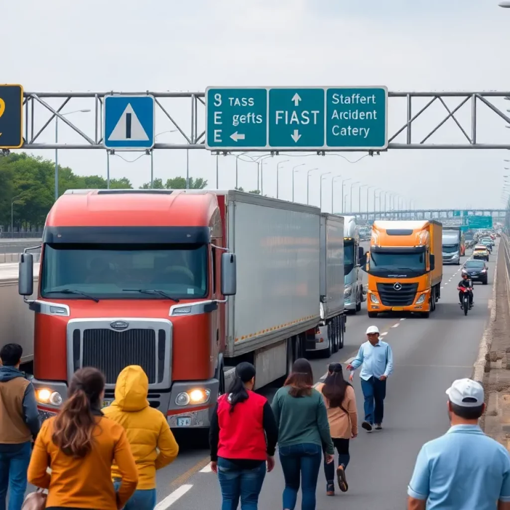 Highway with semi-trucks and people discussing traffic safety
