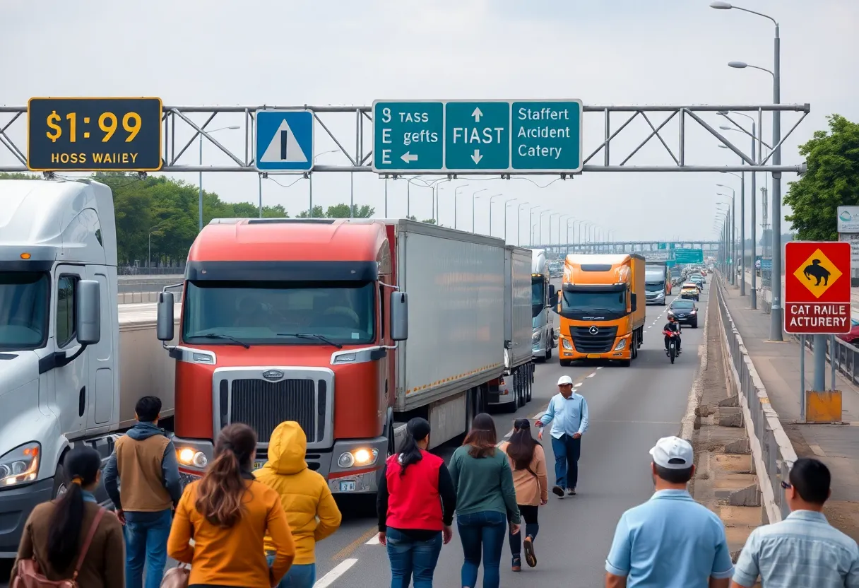 Highway with semi-trucks and people discussing traffic safety