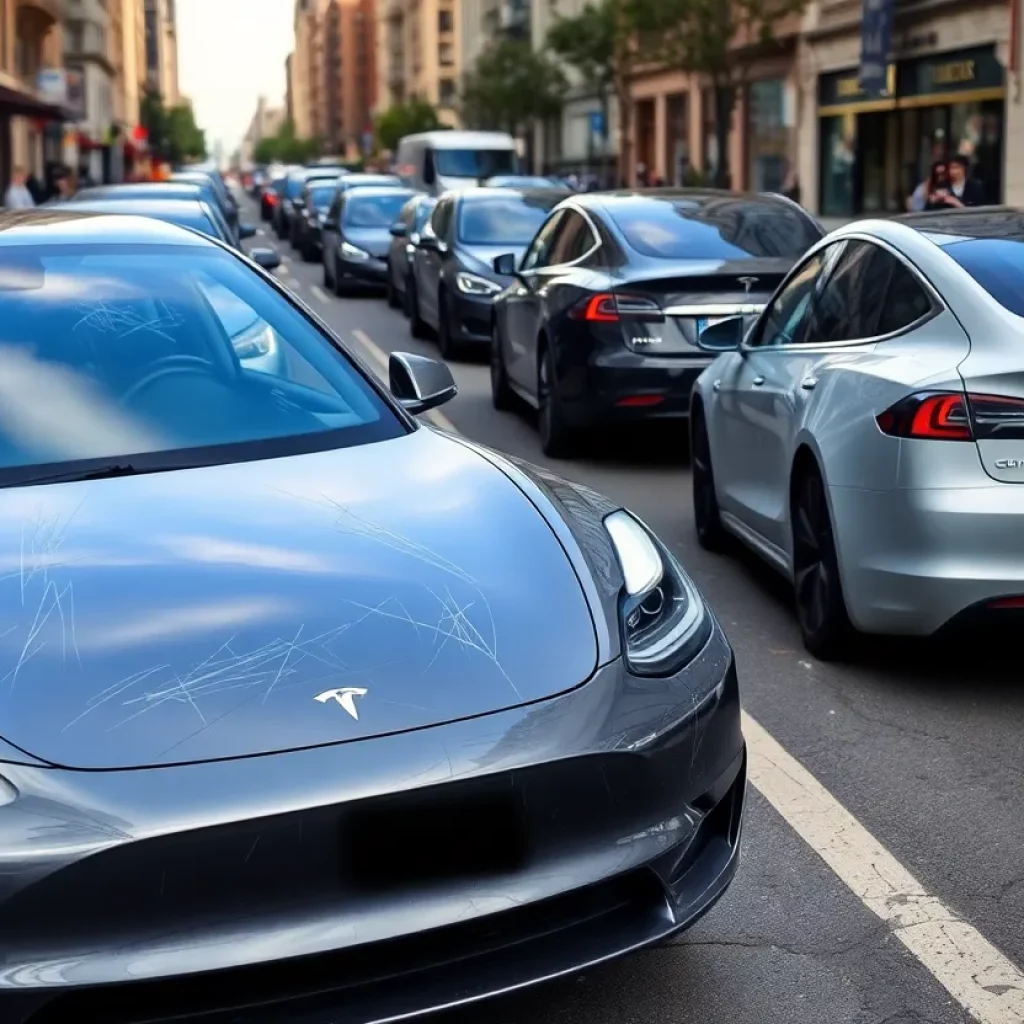 Parked Tesla vehicles showing signs of vandalism.