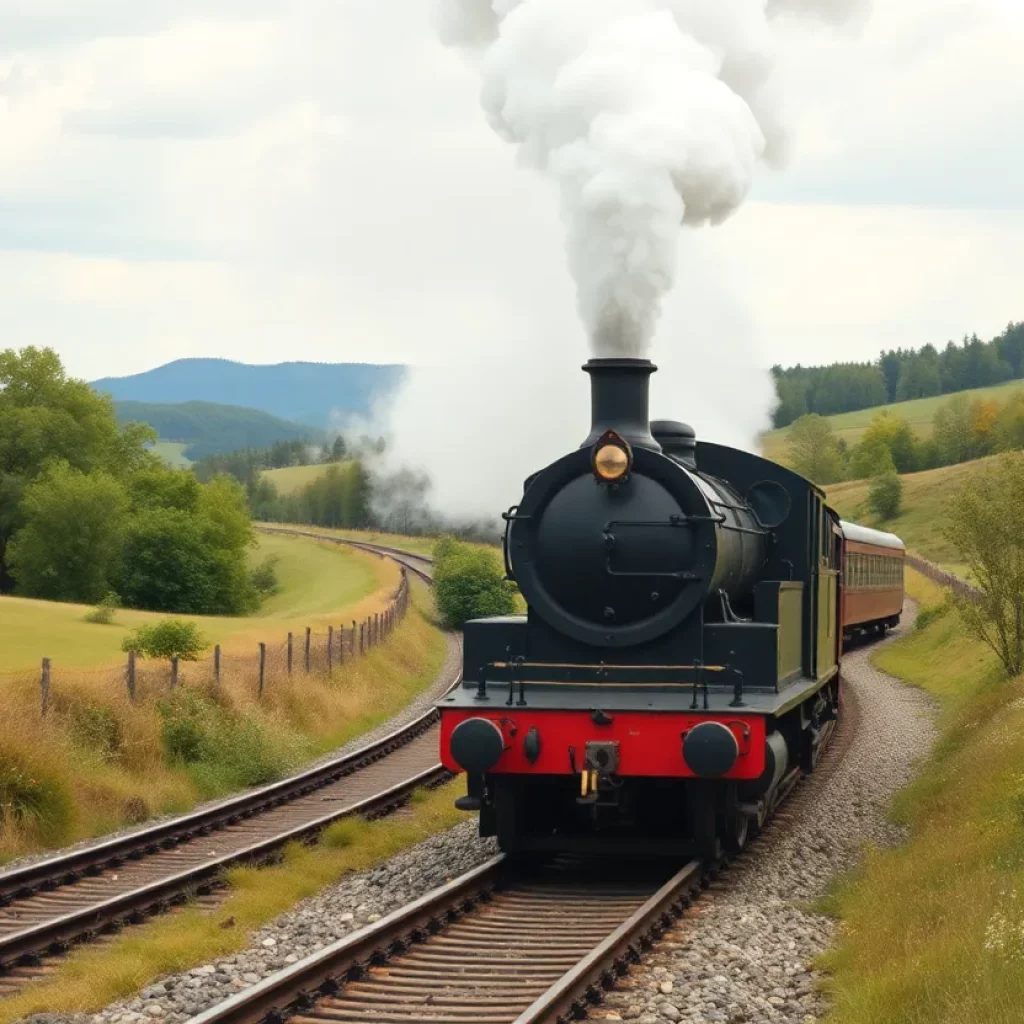 A vintage steam train on railway tracks surrounded by green fields.