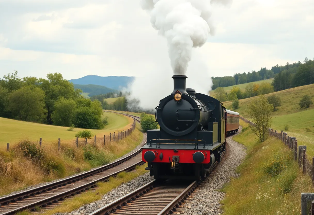 A vintage steam train on railway tracks surrounded by green fields.