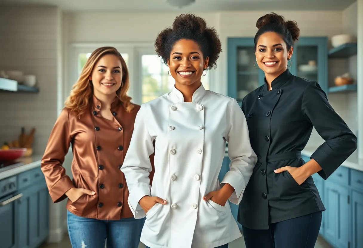 Stylish women's chef jackets on display in a kitchen