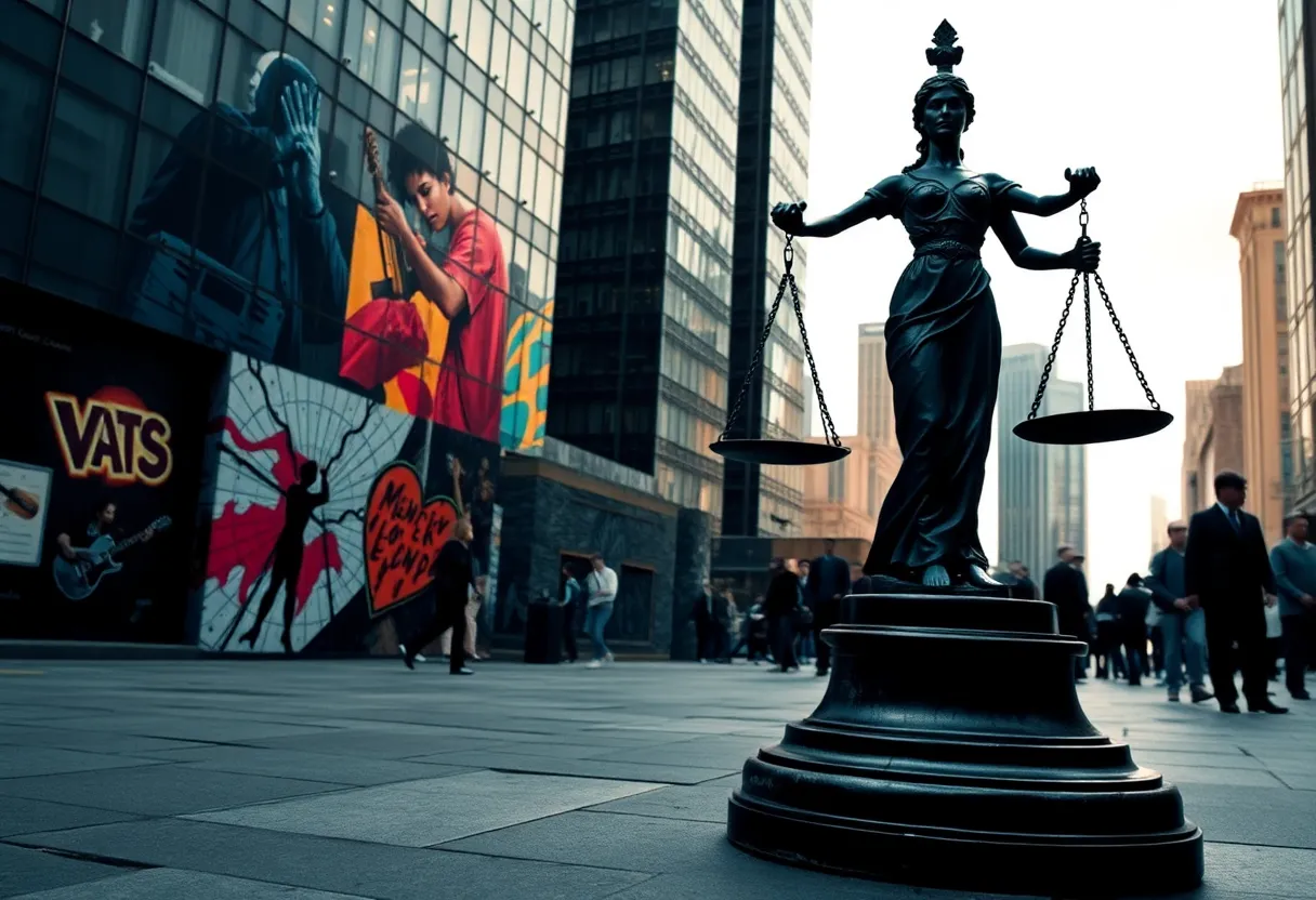 Abstract representation of justice and music in an urban setting