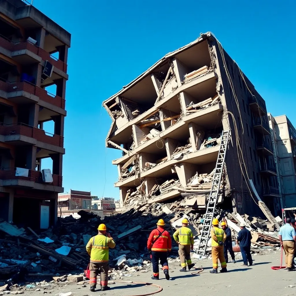 Collapsed buildings with emergency responders in action.