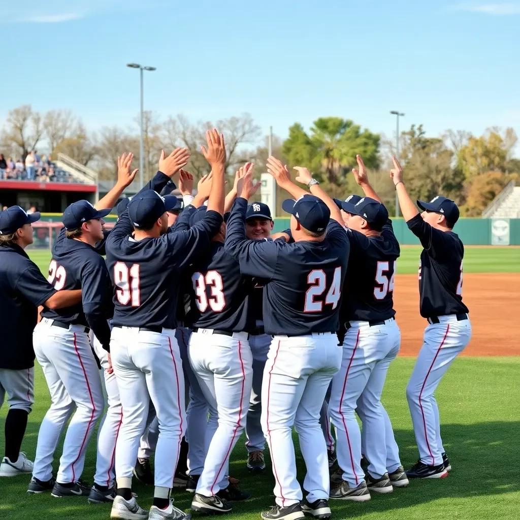 Baseball field celebration with team players cheering together.