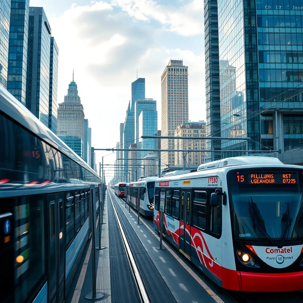 Modern public transportation systems in vibrant city setting.