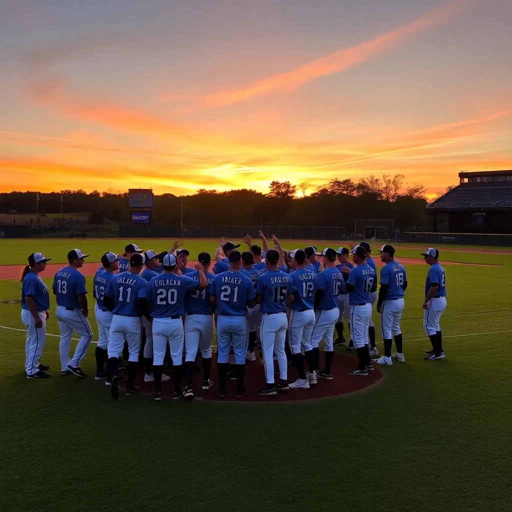 Baseball field with teams celebrating victory under sunset.