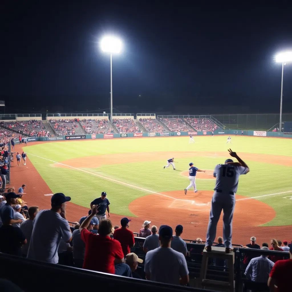 Dynamic college baseball action under stadium lights.