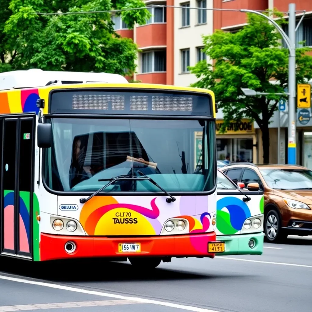 Colorful city bus on a vibrant urban street.
