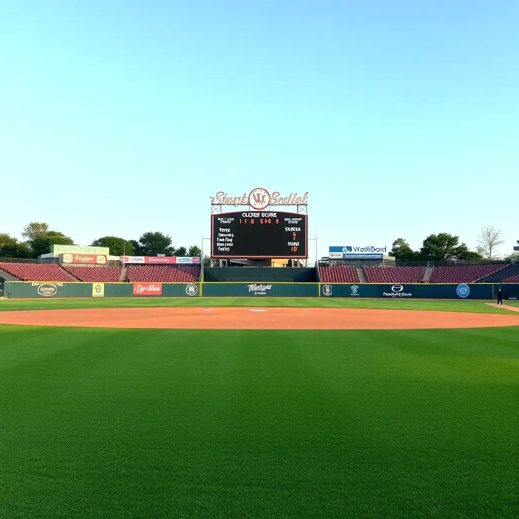 Baseball field with scoreboard displaying a close score.