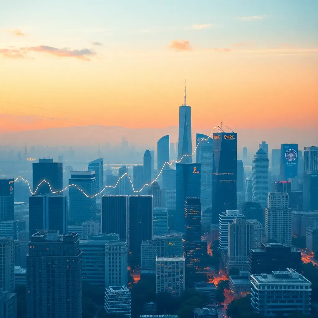 Dynamic skyline with rising graphs and flourishing businesses.