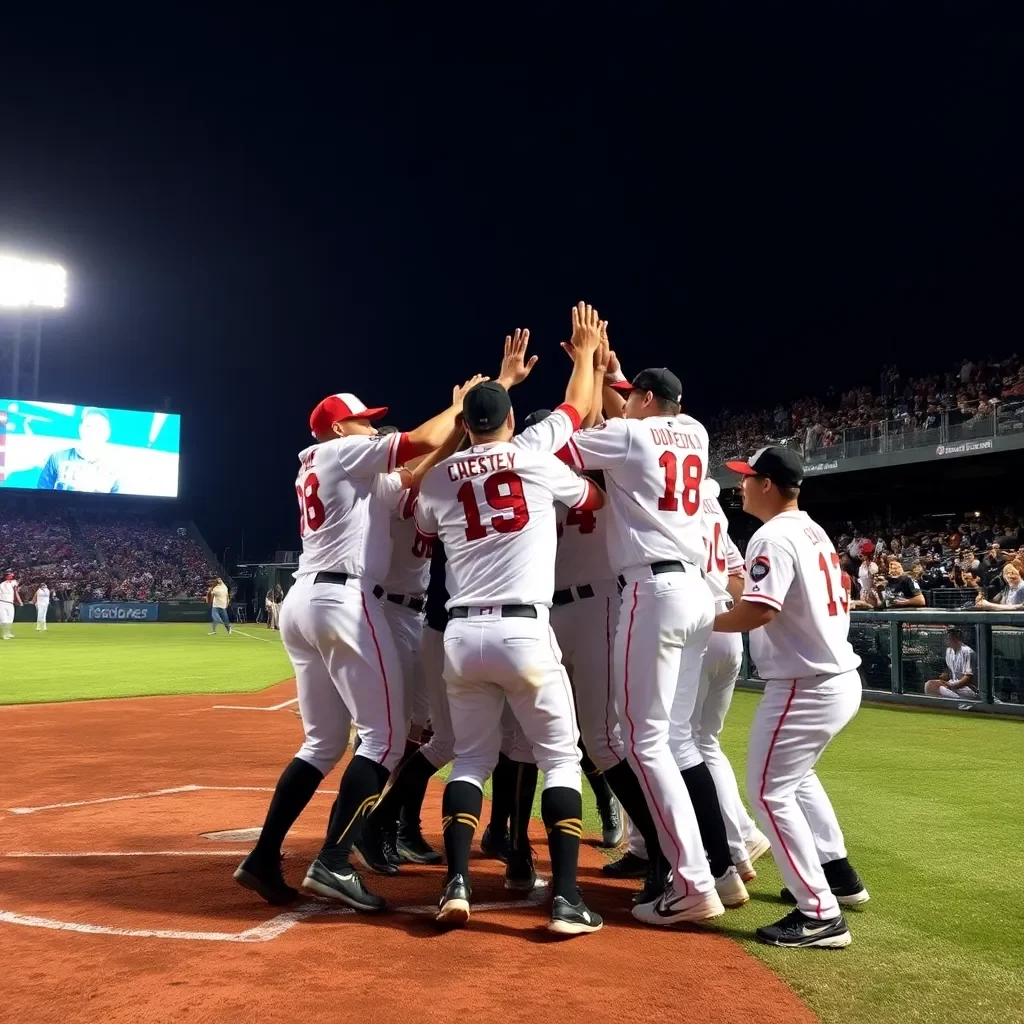 Team celebration at home plate after a thrilling win.