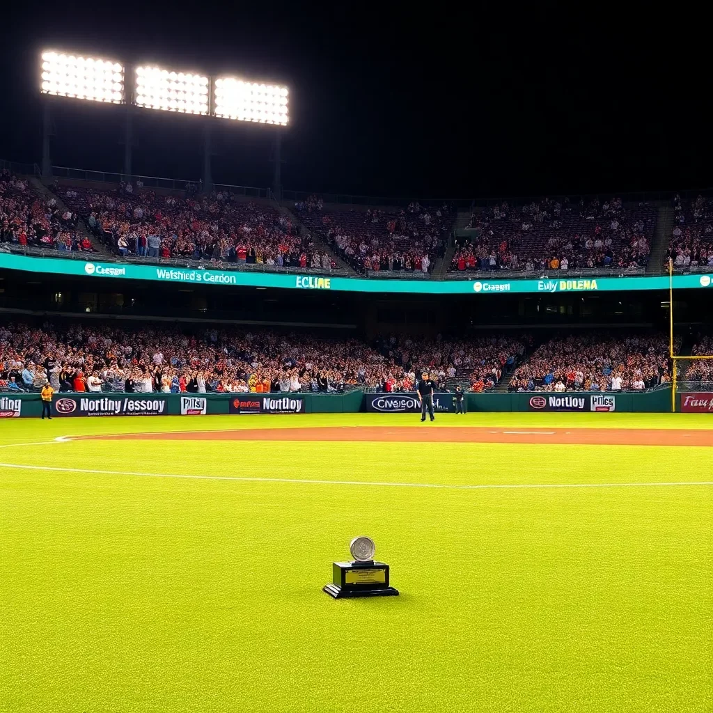 Baseball field with trophy and cheering fans in background.