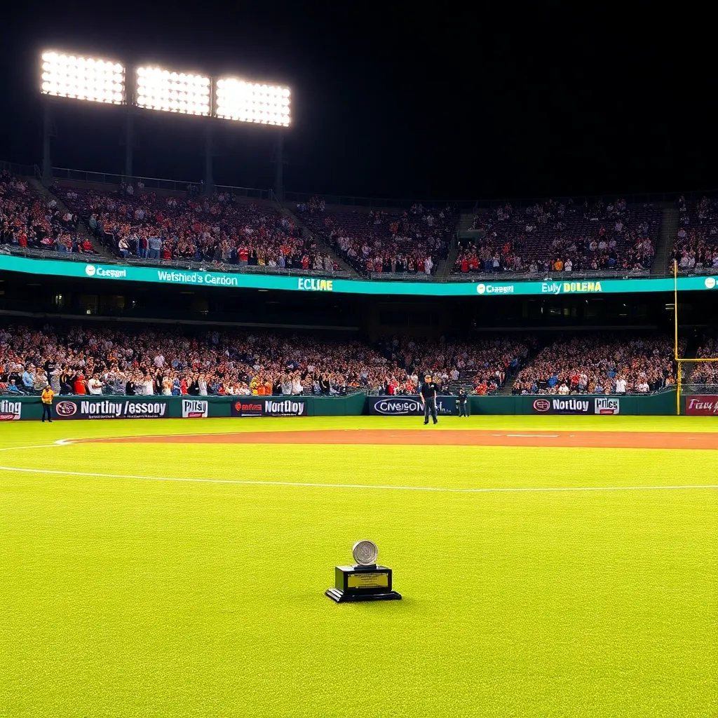 Baseball field with trophy and cheering fans in background.