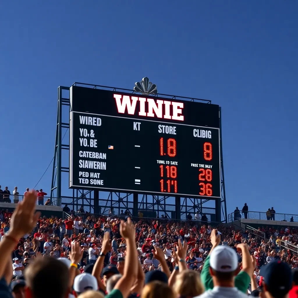 Baseball scoreboard showing winning score with cheering crowd.