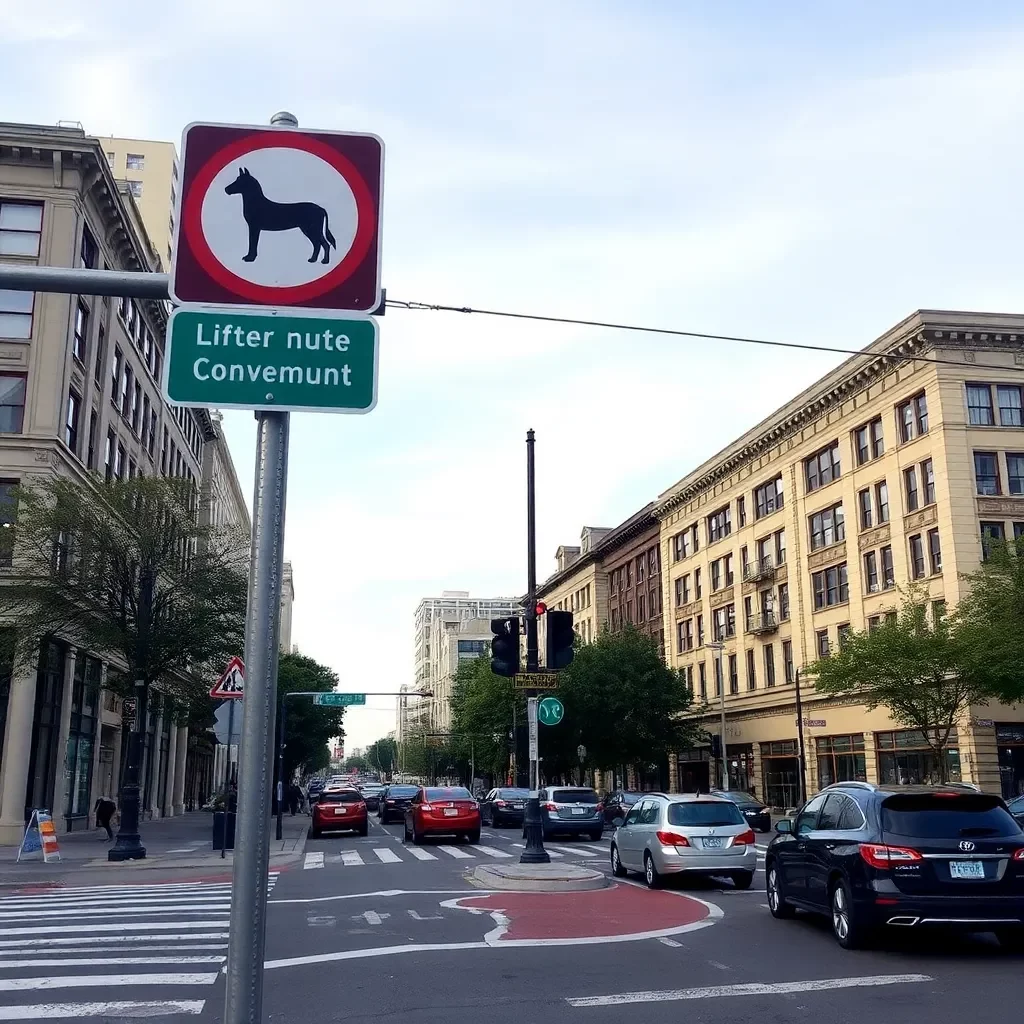 A busy downtown intersection with clear traffic signage.