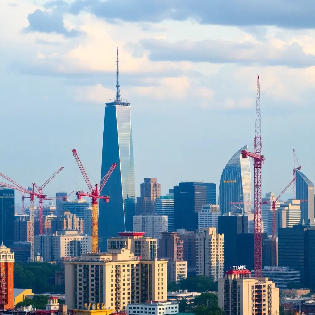 A vibrant skyline with cranes and new buildings rising.