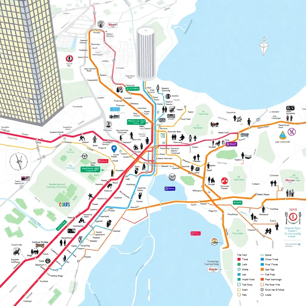Future-focused public transit map and diverse transportation modes.