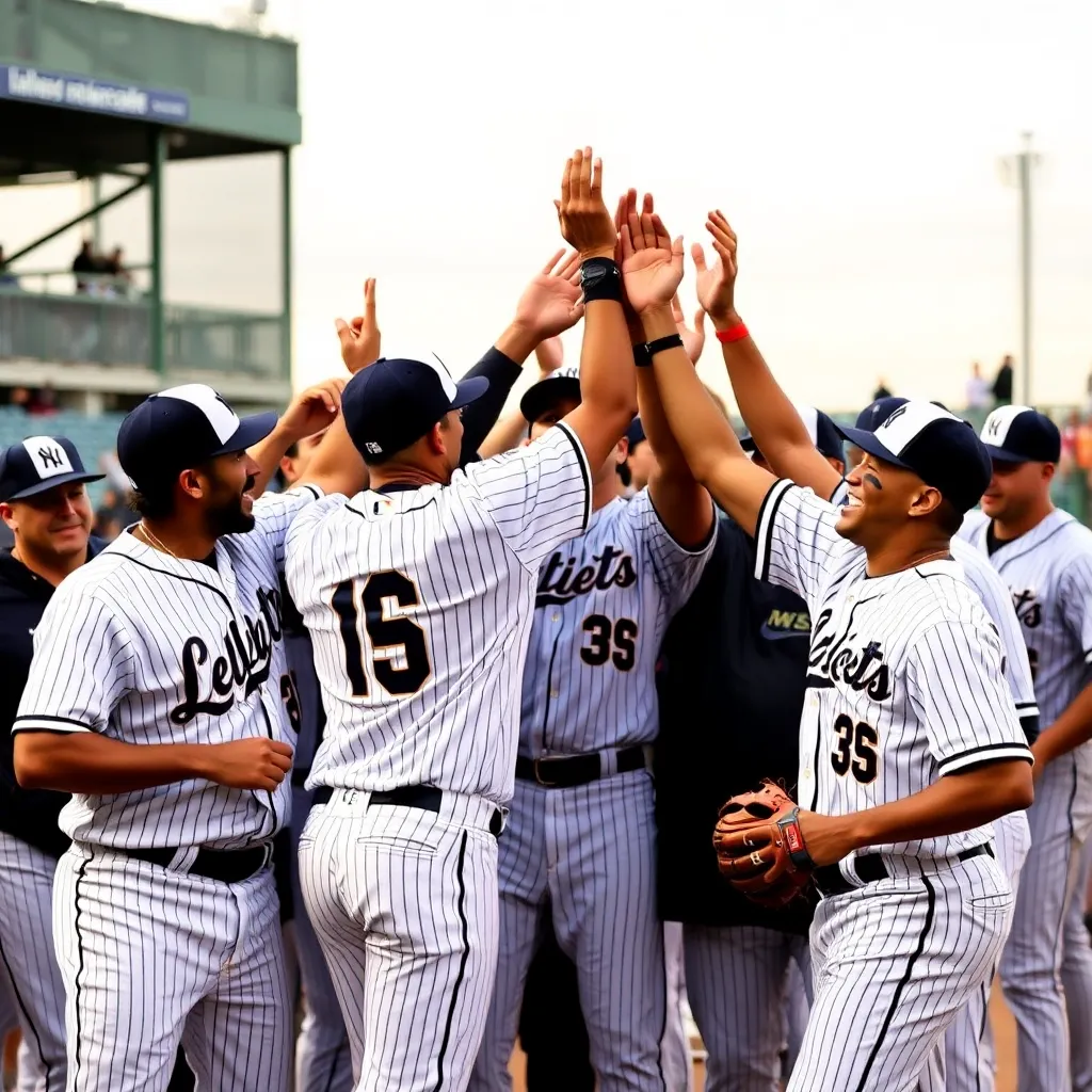 Baseball players celebrating a triumphant team victory.
