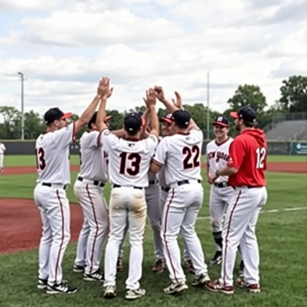 Baseball team celebrating victory on the field.