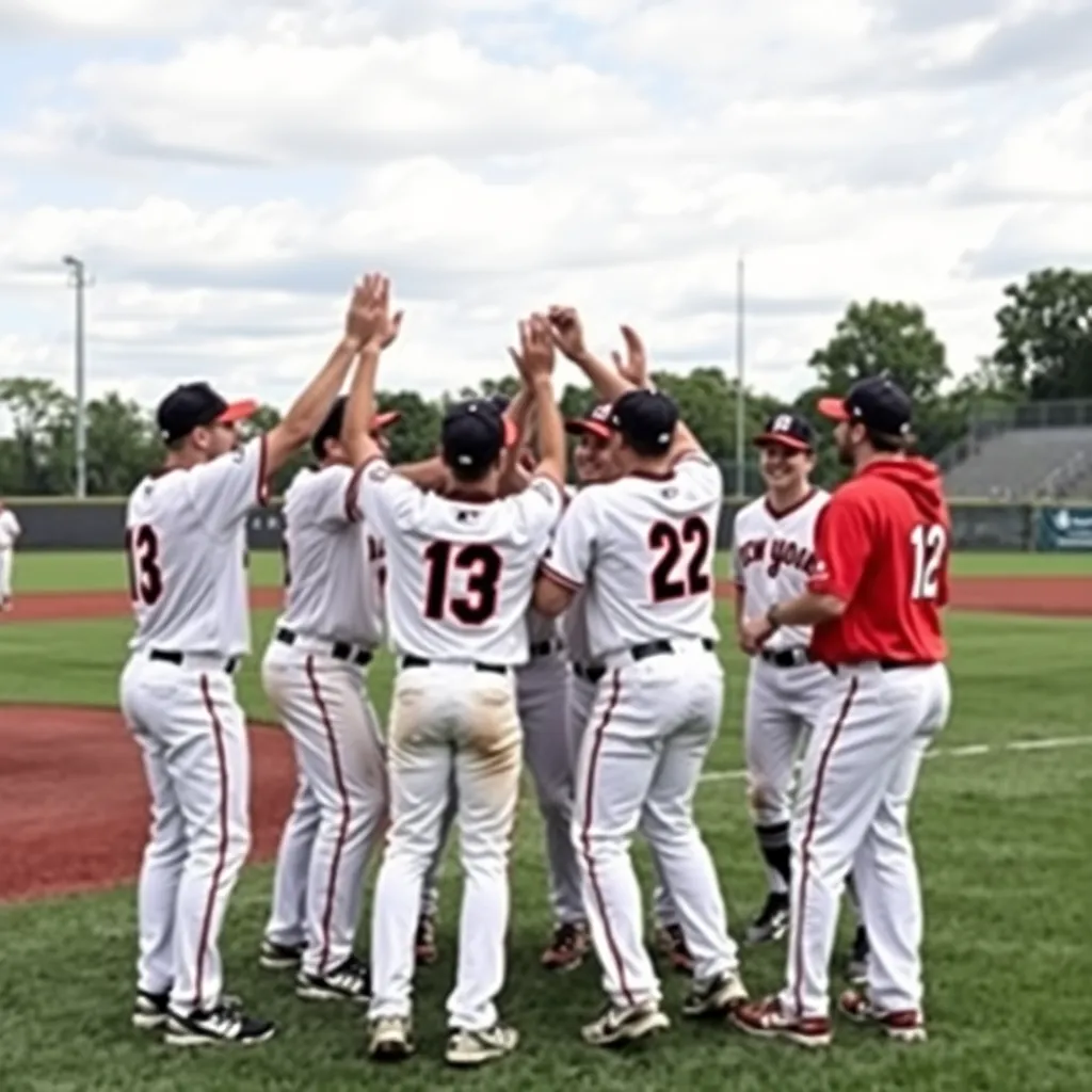Baseball team celebrating victory on the field.