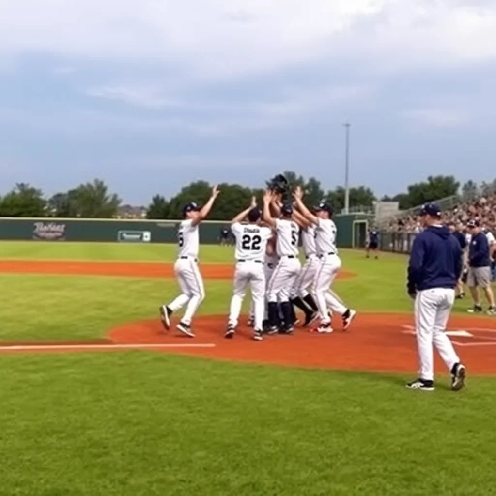 Baseball field with players celebrating a victorious moment.
