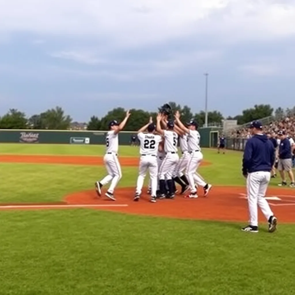Baseball field with players celebrating a victorious moment.