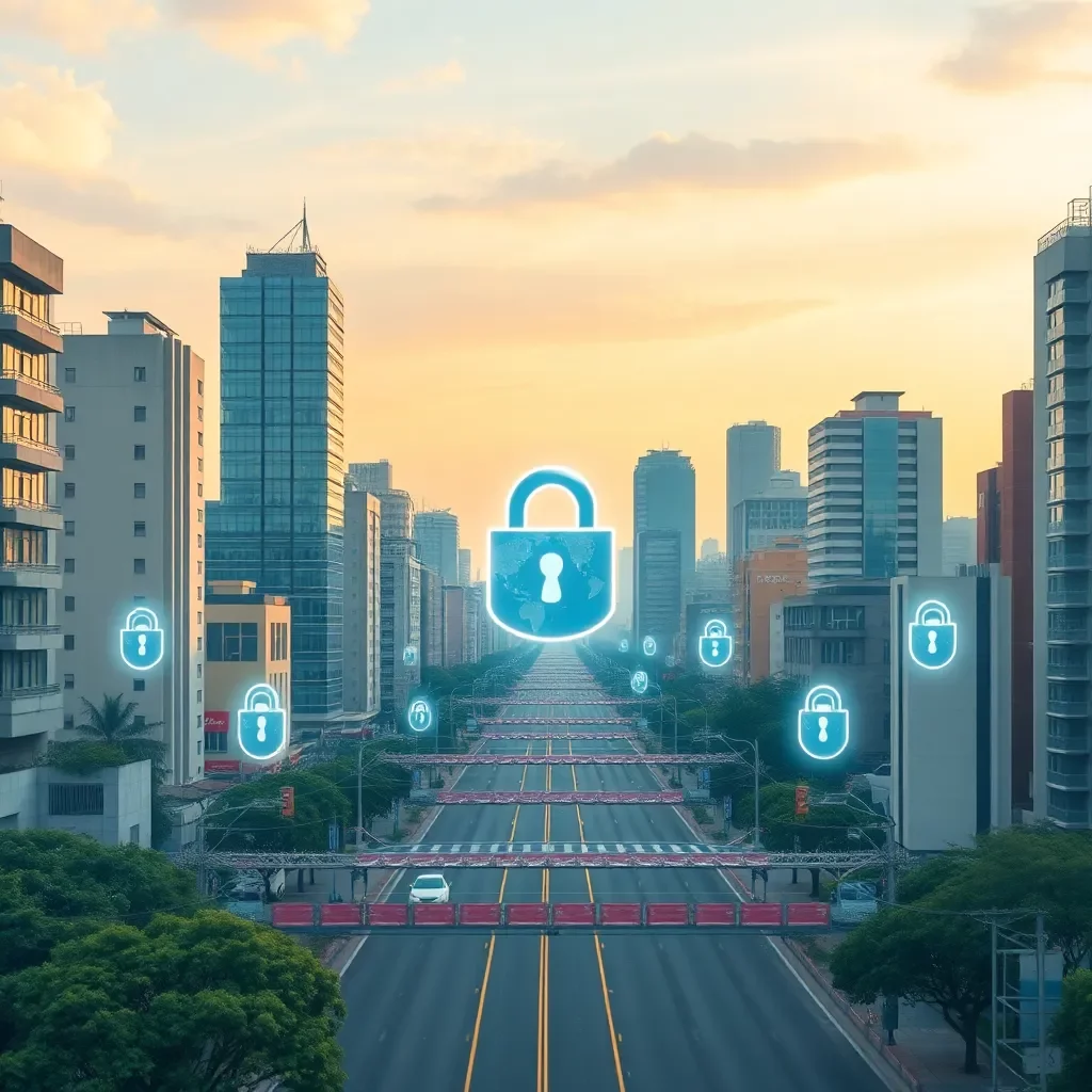Urban landscape with digital privacy symbols and technology barriers.