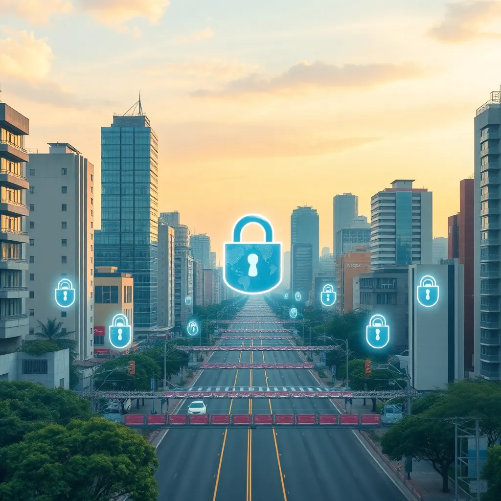 Urban landscape with digital privacy symbols and technology barriers.