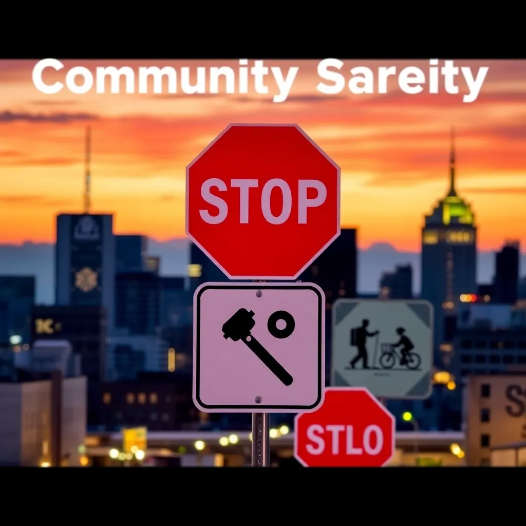 City skyline with a focus on community safety signs.